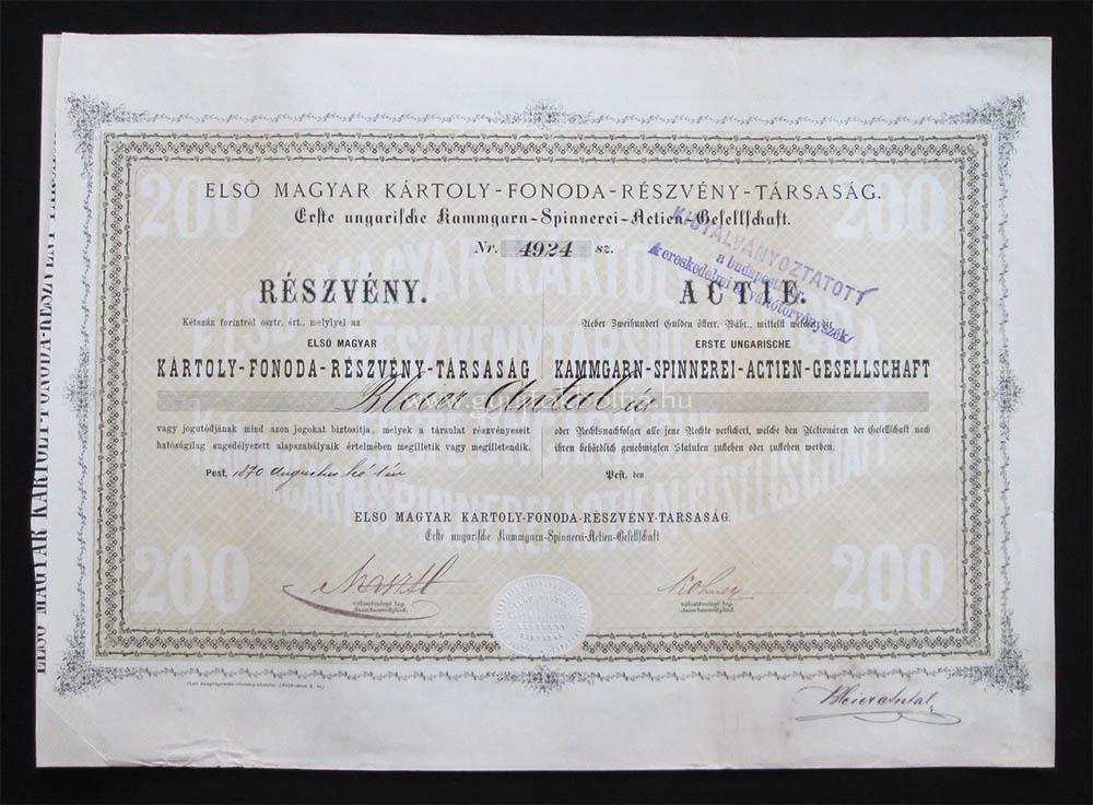 Első Magyar Kártoly-Fonoda részvény 200 forint 1870
